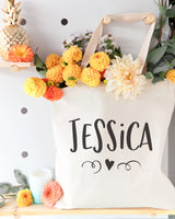 Personalized Name with Mini Heart Cotton Canvas Tote Bag - The Cotton and Canvas Co.