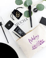 Personalized Name Purple Floral Cosmetic Bag and Travel Make Up Pouch - The Cotton and Canvas Co.