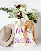Personalized Name Purple Floral Cotton Canvas Tote Bag - The Cotton and Canvas Co.