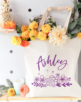 Personalized Name Purple Floral Cotton Canvas Tote Bag - The Cotton and Canvas Co.