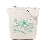 Personalized Name Aqua Floral Cotton Canvas Tote Bag - The Cotton and Canvas Co.