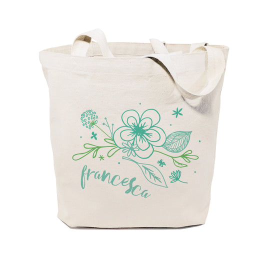 Personalized Name Aqua Floral Cotton Canvas Tote Bag - The Cotton and Canvas Co.