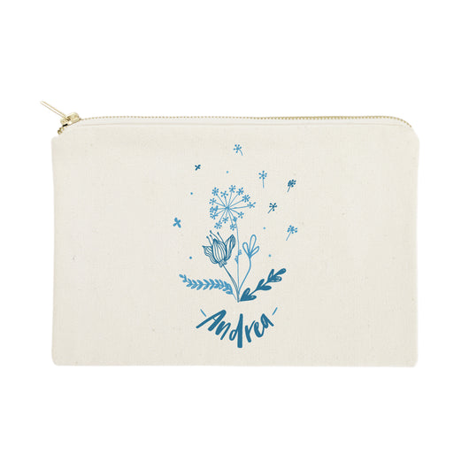 Personalized Name Blue Floral Cosmetic Bag and Travel Make Up Pouch - The Cotton and Canvas Co.