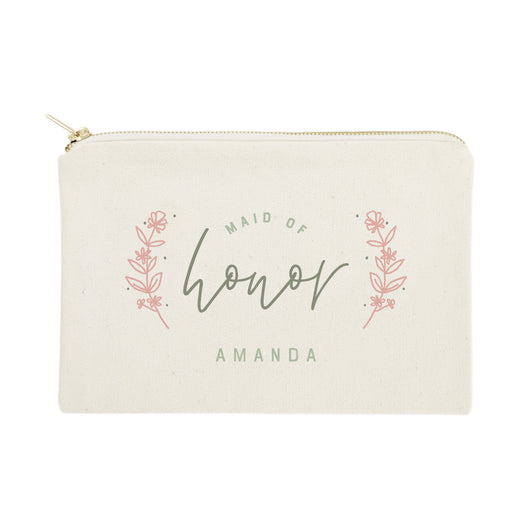 Floral Maid of Honor Personalized Cotton Canvas Cosmetic Bag - The Cotton and Canvas Co.