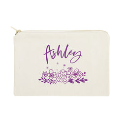 Personalized Name Purple Floral Cosmetic Bag and Travel Make Up Pouch - The Cotton and Canvas Co.
