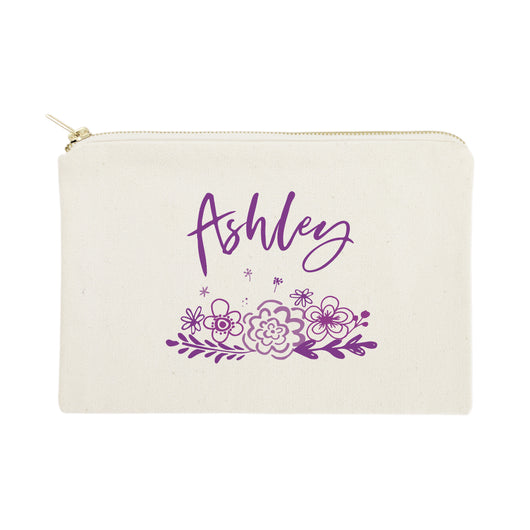 Personalized Name Purple Floral Cosmetic Bag and Travel Make Up Pouch - The Cotton and Canvas Co.