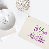 Personalized Name Purple Floral Cosmetic Bag and Travel Make Up Pouch - The Cotton and Canvas Co.