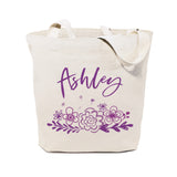 Personalized Name Purple Floral Cotton Canvas Tote Bag - The Cotton and Canvas Co.