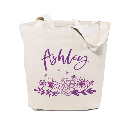 Personalized Name Purple Floral Cotton Canvas Tote Bag - The Cotton and Canvas Co.