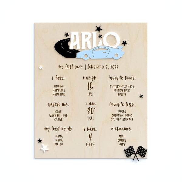 The Cotton and Canvas Co. Personalized First Birthday Race Car Theme Milestone Board