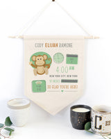 Personalized Monkey Newborn Baby Announcement Hanging Wall Banner - The Cotton and Canvas Co.