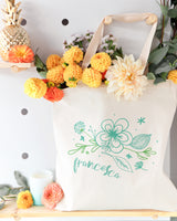 Personalized Name Aqua Floral Cotton Canvas Tote Bag - The Cotton and Canvas Co.