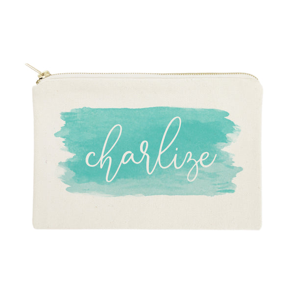 The Cotton and Canvas Co. Personalized Name Aqua Watercolor Cosmetic Bag and Travel Make Up Pouch