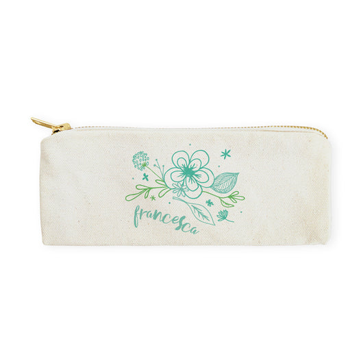 Personalized Name Aqua Floral Cotton Canvas Pencil Case and Travel Pouch - The Cotton and Canvas Co.