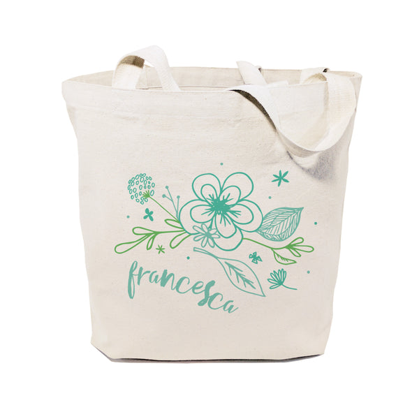 The Cotton and Canvas Co. Personalized Name Aqua Floral Cotton Canvas Tote Bag