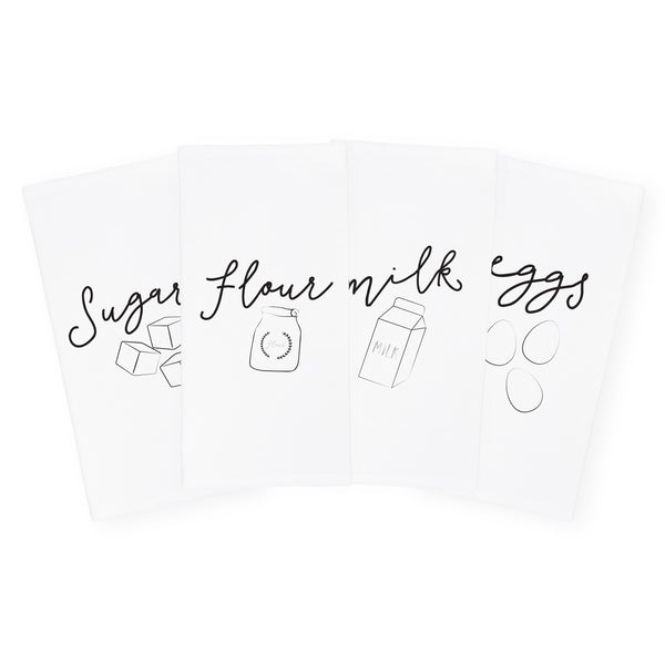 The Cotton and Canvas Co. Milk, Flour, Sugar, Eggs Kitchen Tea Towel, 4-Pack
