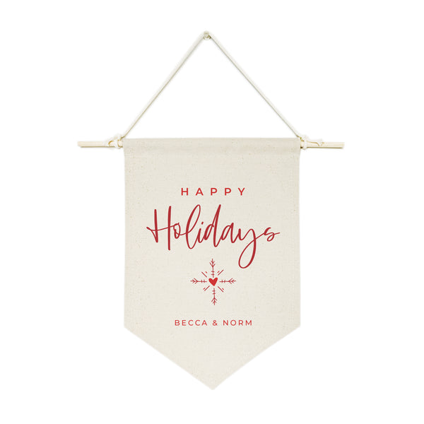 The Cotton and Canvas Co. Personalized Couple Names Happy Holidays Hanging Wall Banner