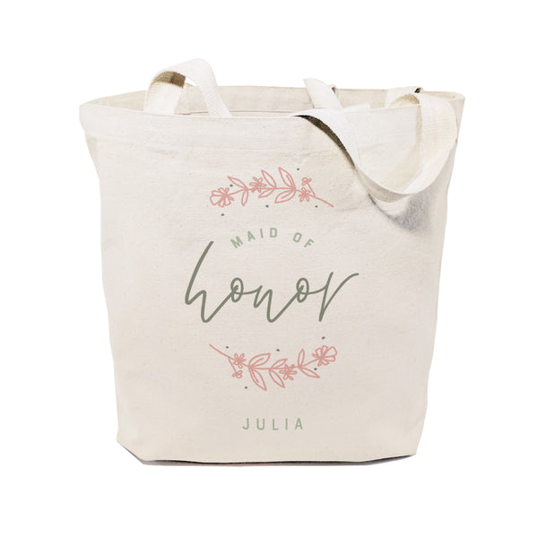 The Cotton and Canvas Co. Floral Personalized Name Maid of Honor Wedding Cotton Canvas Tote Bag
