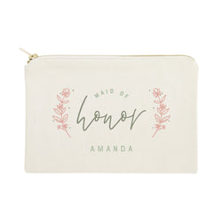 Floral Maid of Honor Personalized Cotton Canvas Cosmetic Bag - The Cotton and Canvas Co.