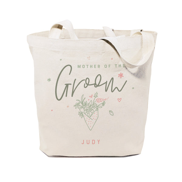 The Cotton and Canvas Co. Floral Personalized Name Mother of the Groom Wedding Cotton Canvas Tote Bag