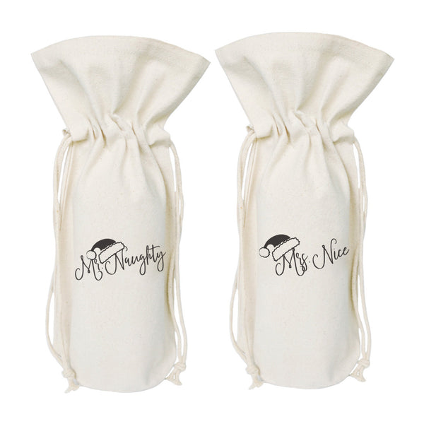 The Cotton and Canvas Co. Mr. Naughty and Mrs. Nice Christmas Cotton Canvas Wine Bag, 2-pack