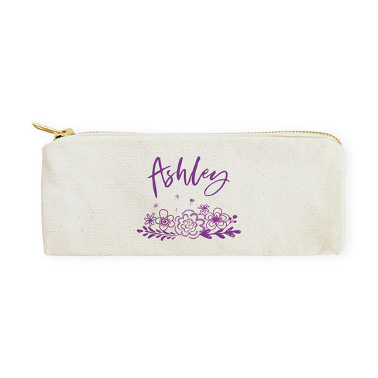 Personalized Name Purple Floral Cotton Canvas Pencil Case and Travel Pouch - The Cotton and Canvas Co.